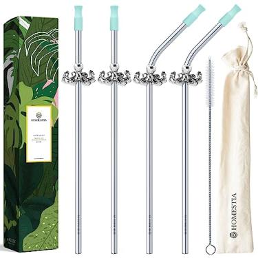 Imagem de Homestia Pacote com 4 canudos de metal de aço inoxidável reutilizáveis, 2 canudos retos + 2 canudos de metal dobrados de 26,7 cm com 1 escova de limpeza, canudo compatível com copo Stanley de 567 g