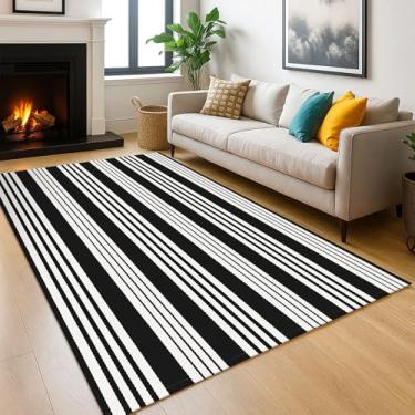 Imagem de KOZYFLY Tapete listrado preto e branco para área externa 1,5 x 1,8 m lavável para ambientes internos e externos de algodão, tapetes de quinta, sala de estar, sala de estar, sala de jantar, quarto