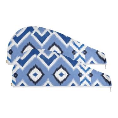 Imagem de SEHANY Toalha de cabelo de microfibra vintage azul boêmio para mulheres, 2 peças, turbantes de cabelo de secagem rápida com botão, touca de cabelo seco absorvente toalha de secagem de cabelo para