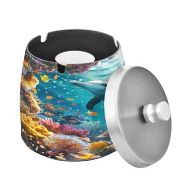 Imagem de Blueangle Cinzeiro Ocean Dolphins com tampa para cigarros, à prova de vento/chuva, aço inoxidável, sem fumaça, inodoro, cinzeiro para uso interno ou externo (296)