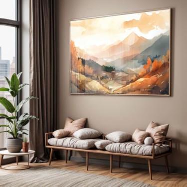 Imagem de Quadro com Moldura e Acrílico Cristal Paisagem Montanhas Marrom e Bege – Desenho Decorativo Horizontal Sala Quarto Hall (60x90, Branco)