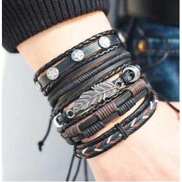 Imagem de Pulseira Masculina Couro Trançado Pena Jogo Com 5 Un. V1504 - DCXMAXX