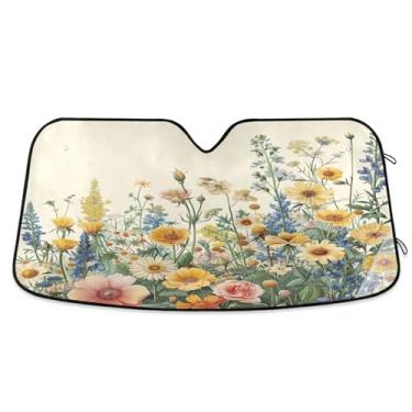 Imagem de ATTX Para-brisa de carro Herbal Wildflower 134.6 cm x 59.7 cm Protetor solar universal com proteção UV, persiana de janela frontal automática dobrável para caminhões Sedans SUVs #354
