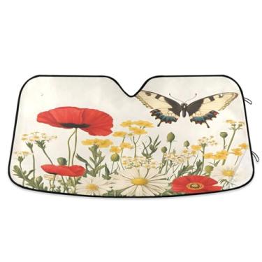 Imagem de ATTX Para-brisas de carro borboletas e flores silvestres 139.7 cm x 70.1 cm Protetor solar universal com proteção UV, persiana de janela frontal automática dobrável para Sedans SUVs caminhões #500