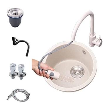 Imagem de Tigela única para pia de cozinha, pia de barra pequena com torneira, pias de cozinha pequenas para casa pequena, pia de cozinha redonda de granito feita à mão, aquecimento anticongelante
