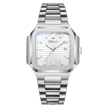 Imagem de OIDEA Relógios masculinos quadrados: Relógio de pulso masculino analógico de quartzo com caixa retangular clássica, pulseira de aço inoxidável, luminosa, à prova d'água, data, negócios, relógio de