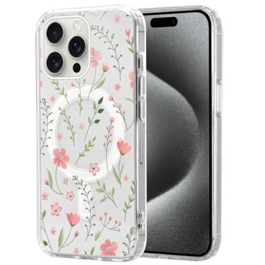Imagem de Vulfwela Linda capa de telefone magnética de flor transparente para iPhone 15 Pro Max de 6,7 polegadas, compatível com MagSafe, estampa floral rosa estética, capa protetora fina e macia TPU à prova de