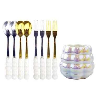 Imagem de MOONZON 4 peças de garfos de palito de pizza de frutas de aço inoxidável, 4 colheres de sobremesa, café, sorvete, bolo, salada e 1 pote de armazenamento galvanizado de cerâmica para combinação