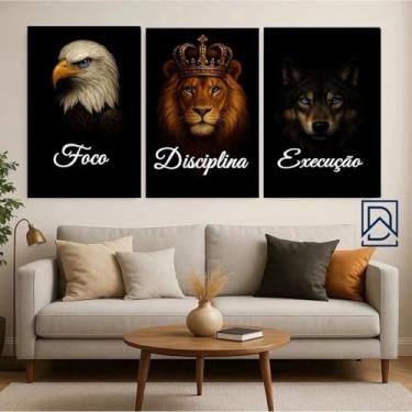 Imagem de Kit 3 Quadros Motivacionais Leão | Arte Moderna para Sala Quarto Escritório | Painéis Decorativos de Parede com Tema Foco Disciplina Execução | Estilo Elegante e Inspirador (15x20)