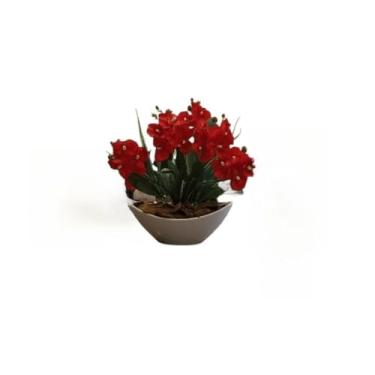 Imagem de Arranjo de Orquídea Artificial Phalaenopsis com Vaso Branco e Casca Polida - Planta Decorativa para Mesa, Escritório e Lavabo(Vermelho)