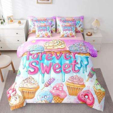 Imagem de Erosebridal Conjunto de edredom queen com sobremesa doce, 7 peças, fofo, cupcake, donut, sorvete, rosa, azul, roxo, feminino, conjunto de cama kawaii, decoração de quarto