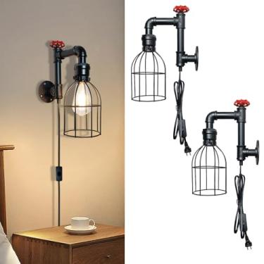 Imagem de GZZBMY E27 Arandelas internas com interruptor e plugue Arandela Vintage Industrial Metal Gaiola Iluminação de parede para quarto Escada Sala de estar (sem lâmpada) (Preto, 2 peças)