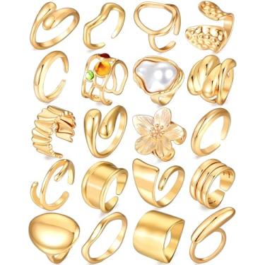 Imagem de YEEZII Conjunto de 20 anéis de ouro para mulheres, anéis midi de dedo de flor grossa, grande, boho, pacote de anéis empilháveis, joias modernas, presente, Metal, Sem pedra preciosa