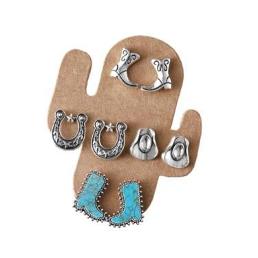Imagem de Conjunto de brincos de caubói turquesa ocidental para mulheres, cowgirl country cowgirl, chapéu de bota pendurado, joia de declaração ocidental, Zinco, Sem pedra preciosa