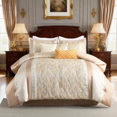 Imagem de SahSahCasa Conjunto de edredom Queen de 7 peças – Conjunto de cama de luxo de jacquard sedoso e fofo com saia para cama, travesseiros decorativos, cama em uma bolsa, elegante reversível, alternativo
