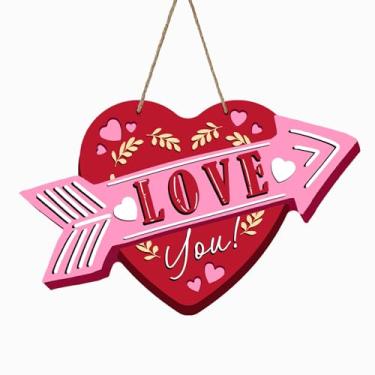 Imagem de Bolisom Placa para porta da frente do Dia dos Namorados, coração vermelho e rosa, seta Love You, cabide de madeira para uso externo, varanda, decoração de casa, aniversário romântico, casamento