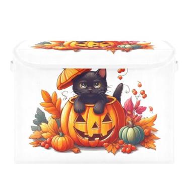 Imagem de STAYTOP Caixas de armazenamento de decorações de Halloween com tampas e alça de transporte, caixas de armazenamento dobráveis para gatos pretos e abóboras para casa, quarto, armário, escritório