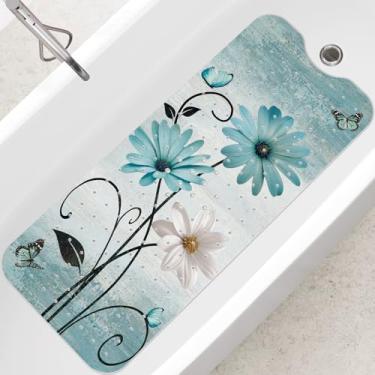 Imagem de SHUCHING Tapete de banho adulto para banheira antiderrapante 101 x 40 cm, tapete de banheira extralongo antiderrapante, tapete de chuveiro para banheiro, sem mofo, lavável na máquina, margarida