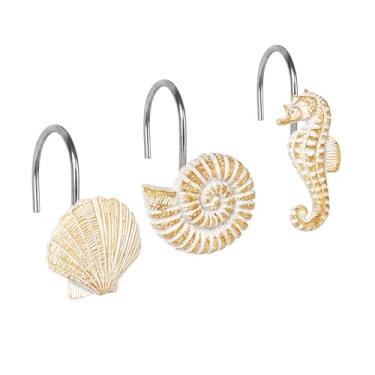 Imagem de Sunlit Ganchos decorativos para cortina de chuveiro com conchas, anéis de cortina de chuveiro de nautilus e cavalo-marinho, brilho arenoso, resina, decoração de banheiro náutico, ganchos de cortina de