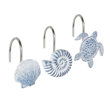 Imagem de Sunlit Ganchos decorativos para cortina de chuveiro com conchas, anéis de cortina de chuveiro azul celeste e tartaruga marinha, resina, decoração de banheiro náutico, ganchos de cortina de chuveiro de