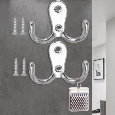 Imagem de 2 conjuntos de ganchos retrô cabides de toalha de parede para chapéus, roupas, ganchos de armazenamento doméstico, gancho duplo de parede, 5,2 x 3,9 x 2,2 cm (prata)