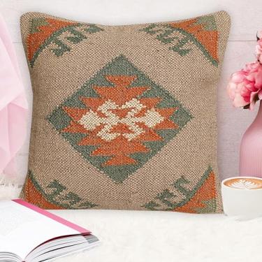 Imagem de Shivanifashions Capa de almofada vintage Kilim vintage quadrada feita à mão fronha étnica 45,7 x 45,7 cm Almofada decorativa de juta indiana para decoração de casa (padrão 16)