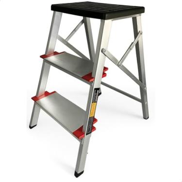 Imagem de Banqueta Resistente 150kg Alumínio 3 Degraus Dobrável Residencial Casa Anti Derrapante - Ideal para Trabalhos Demorados