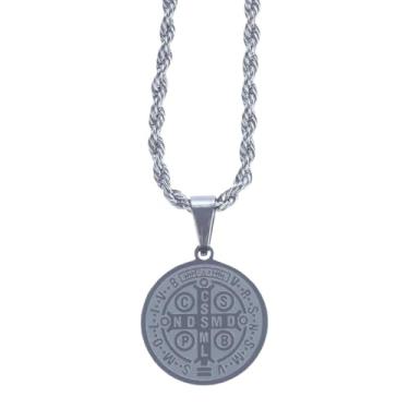 Imagem de Cordão Baiano Masculino 3mm Aço Inox 45cm 60cm ou 70cm com Pingente São Bento Dupla Face Gravado a Laser (45cm)