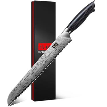 Imagem de SHAN ZU Faca de pão de 25 cm em aço em pó, faca de pão serrilhada para pão caseiro, facas ultra afiadas para fatiar pão com cabo ergonômico Pakkawood para fermento, peru e frutas