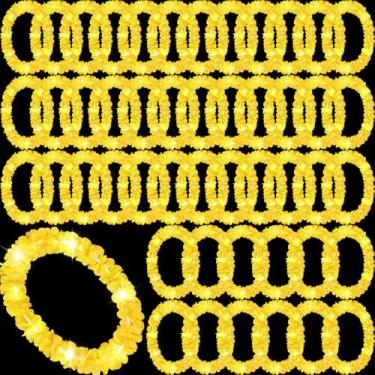 Imagem de Sherr Colar de flores havaianas com luzes de LED, 48 peças, para baile de máscaras, praia, casamentos, artigos de festa temática tropical (amarelo)