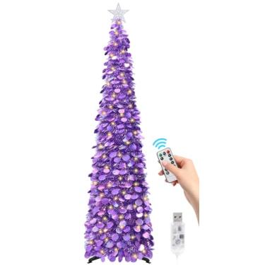 Imagem de SINTENILL Árvore de Natal pop-up de 1,8 m com 100 luzes LED temporizador e controle remoto, árvore de tinsel de Natal dobrável roxa para decoração de Natal para festas em casa, escritório, alimentada