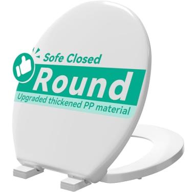 Imagem de Assento de vaso sanitário redondo com dobradiças de fechamento lento, dois conjuntos de peças, tampa de vaso sanitário branca redonda, fechamento macio, nunca solta e remove facilmente, plástico