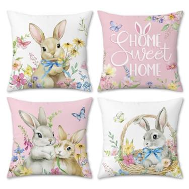 Imagem de COZZSNUGE Capas de almofada de coelhinho da primavera, coelho fofo, floral, borboleta, rosa, veludo, fronhas decorativas para jardim, sofá-cama, casa, pátio, conjunto de 4, 45 x 45 cm