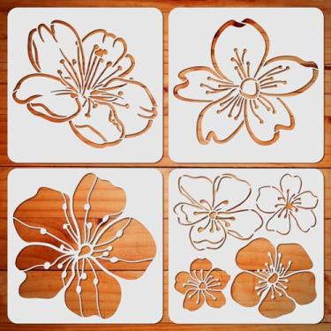 Imagem de ORIGACH Estêncil de flores de cerejeira 4 peças para pintura 29 × 28 cm, estêncil reutilizável para pintura em madeira, tela, papel, tecido, piso, parede e azulejo