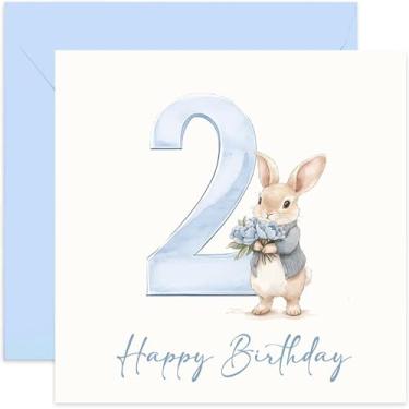 Imagem de Cartão comemorativo de 2º aniversário para menino - Coelho azul com desenho de aquarela 2 - Cartões de aniversário de filho bebê - Para neto, afilhado, sobrinho, irmão - Presentes de lembrança para