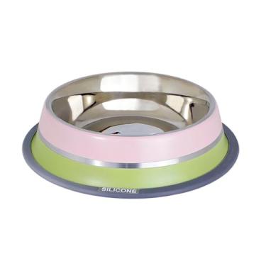 Imagem de Comedouro Inox Dual Rosa e Verde P 210ml – Tigela Dupla Resistente, Higiênica e Antiderrapante para Cães e Gatos