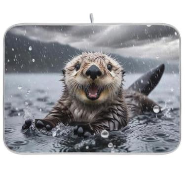 Imagem de Tapete de lontra fofa para secar louça, 40,6 x 45,7 cm, reversível para café, tapete de microfibra para drenagem, tapete protetor de bancada