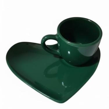 Imagem de xícara de ceramica com pires em formato de coração (VERDE ESCURO, 100ML)