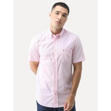 Imagem de Camisa Tommy Hilfiger Masculina Manga Curta Xadrez Gingham Branca/ Claro-Masculino