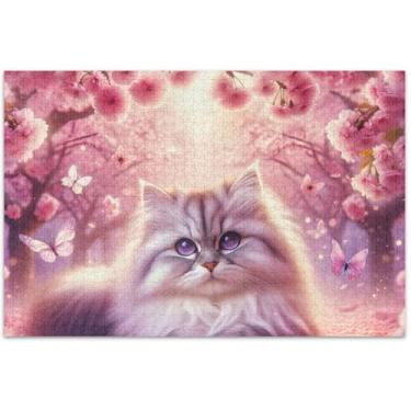 Imagem de Quebra-cabeça rosa flor de cerejeira gato personalizado 500 peças adultos arte brinquedo pintura arte quebra-cabeça elefante branco presentes engraçados, 51 x 35 centímetros