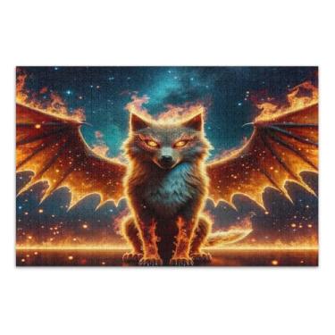 Imagem de Quebra-cabeças engraçados de lobo com asas de dragão e olhos turcos para adultos, 1000 peças, quebra-cabeças trippy para adultos com letras nas costas