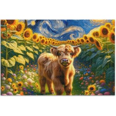 Imagem de Girassóis Highland Gado Bezerro Adultos Quebra-cabeça 500 peças Engraçado Jogo de Quebra-cabeça Presentes Cool Puzzles para Adultos Arte Animal Puzzle, 20,5 x 14,9 polegadas
