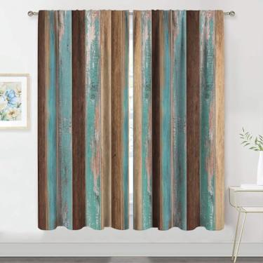 Imagem de MESHELLY Cortinas rústicas para porta de celeiro 106 cm L x 150 cm A, bolso para varão, casa de fazenda, azul-petróleo, tábua de madeira, madeira de celeiro, cortinas de janela de quarto estampadas no