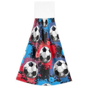 Imagem de Bolas de futebol azul vermelho preto outono toalhas de mão com laço para pendurar conjunto de toalhas de banheiro altamente absorventes conjunto de 2, toalha de prato decorativa para cozinha 18,2 x 14