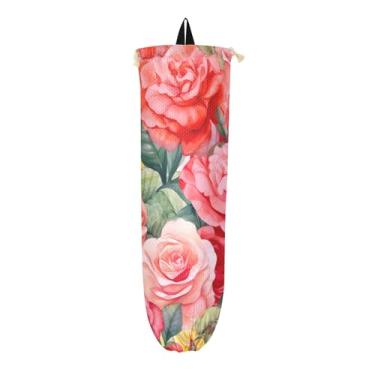 Imagem de Suporte de sacola de compras em aquarela Red Roses, organizador de bolsas para armazenamento de sacolas plásticas de cozinha, suporte para sacolas de supermercado