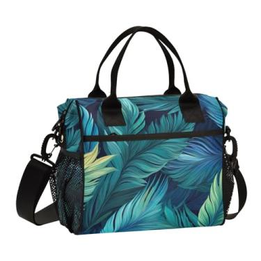 Imagem de GAIGEO Lancheira com isolamento de folhas tropicais azuis e verdes com alças, lancheira isolada média, lancheiras femininas para trabalho, M