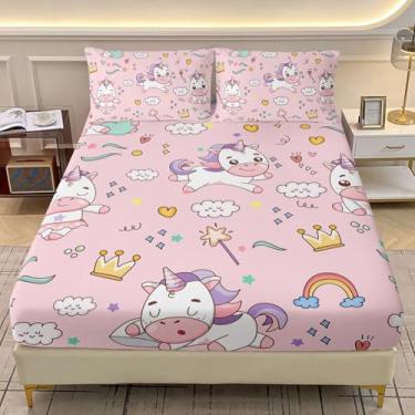 Imagem de AILONEN Jogo de lençol solteiro com estampa de unicórnio engraçado, tamanho GG, tema animal sonhador, arco-íris, com 2 fronhas, 3 peças, rosa para meninas e adolescentes
