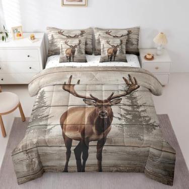 Imagem de Erosebridal Jogo de cama queen com alce, alce, cabana do oeste, campo, floresta, vida selvagem em uma bolsa, fazenda, selva, pinheiro, lençol com elástico, lençol de cima, estilo rústico, decoração de