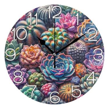 Imagem de GAIGEO Relógio de parede analógico decorativo funky alimentado por bateria relógio de escritório cozinha, decoração de sala de estar arte moderna plantas suculentas coloridas, 25 cm, ponteiros pretos