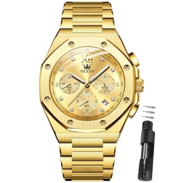 Imagem de OLEVS Relógio de pulso masculino de aço inoxidável, à prova d'água, luxuoso, com data, casual, azul/preto/dourado/prata Reloj para Hombre, Pulseira de ouro, face dourada, Round, Relógio masculino